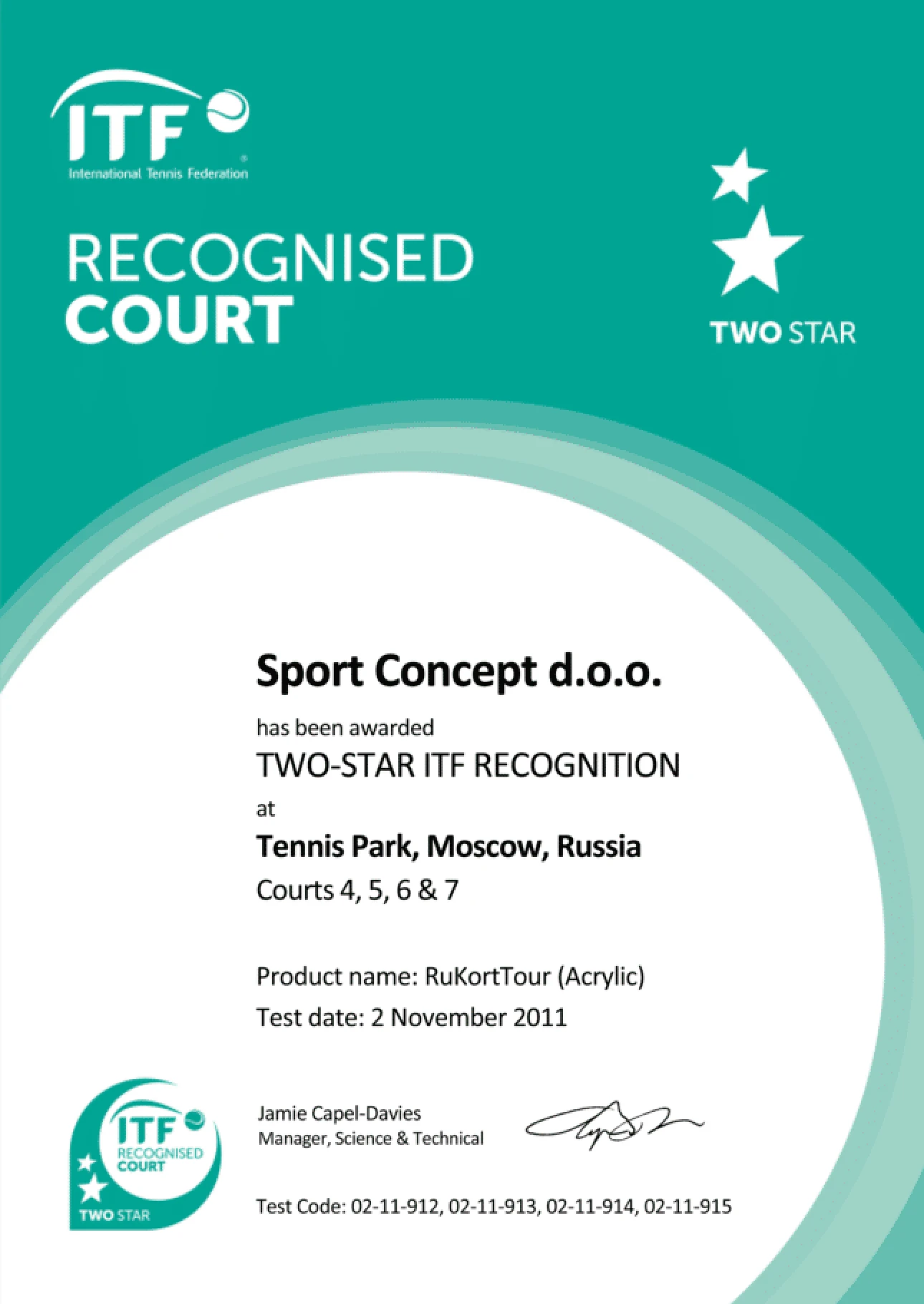 ITF 2 STAR certifikat Sport Concept